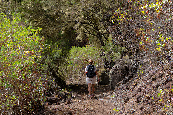 Senderista ante un tunel natural - de Sabinosa a Malpaso, El Hie